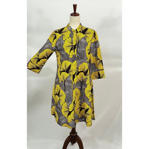 ZURI Kenya S Small Walking on Sunshine Yellow Brown Print 3/4 Slv Shirt Dress - Picture 7 of 9